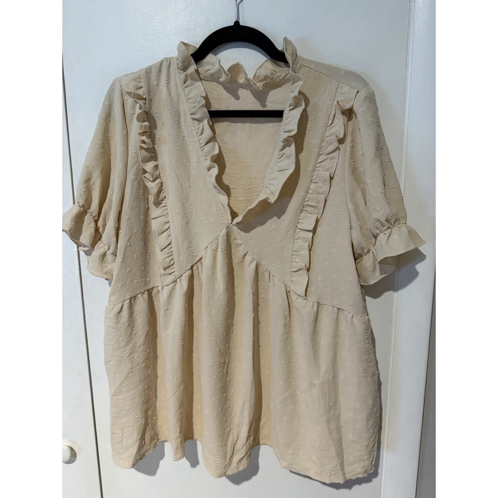 Shein Blouse Women's XL Cream Ruffle Top V-Neck Short Sleeve